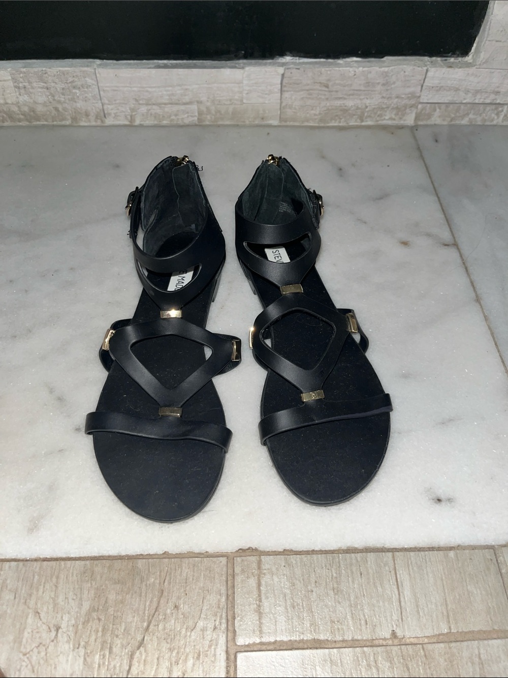 Steve Madden Black Strappy Sandals with Gold Accents